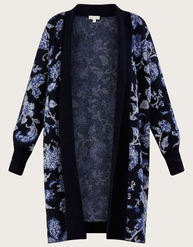 Floral Pattern Coatigan with Recycled Polyester, Blue (NAVY), large