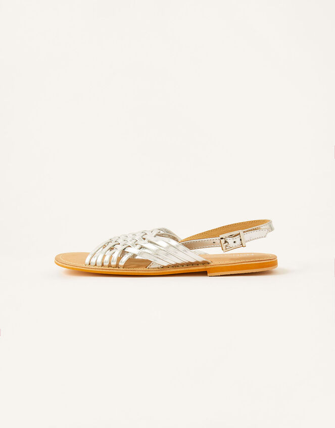 Metallic Weave Leather Sandals, Silver (SILVER), large