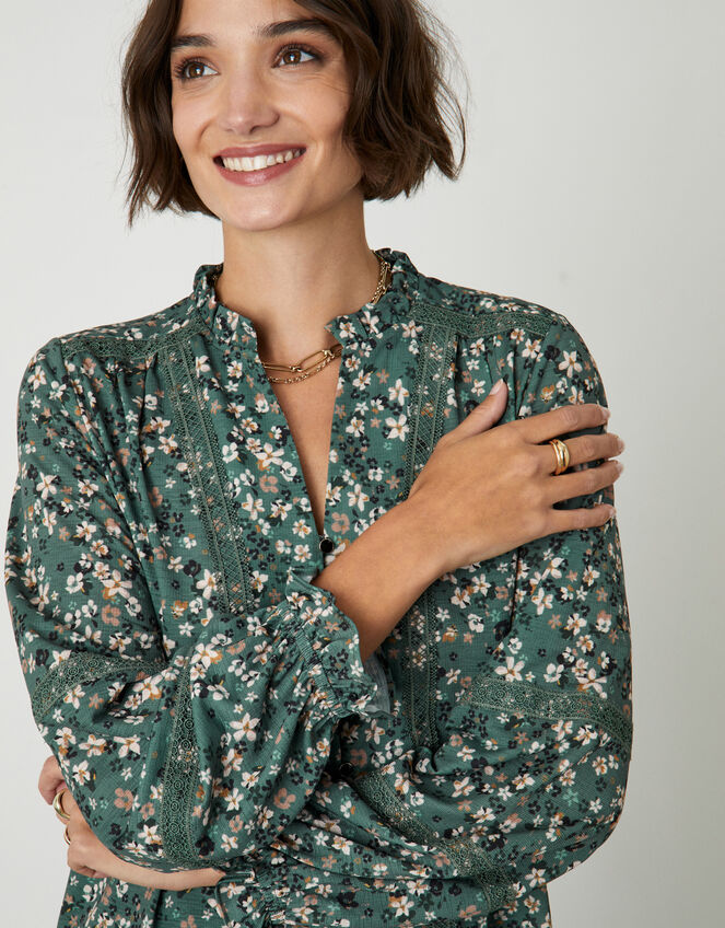 Floral Print Long Sleeve Shirt, Green (GREEN), large