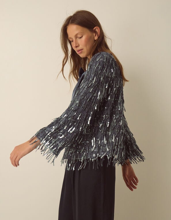 Sabia Velvet Bow Sequin Jacket, Dark Silver (GUNMETAL), large