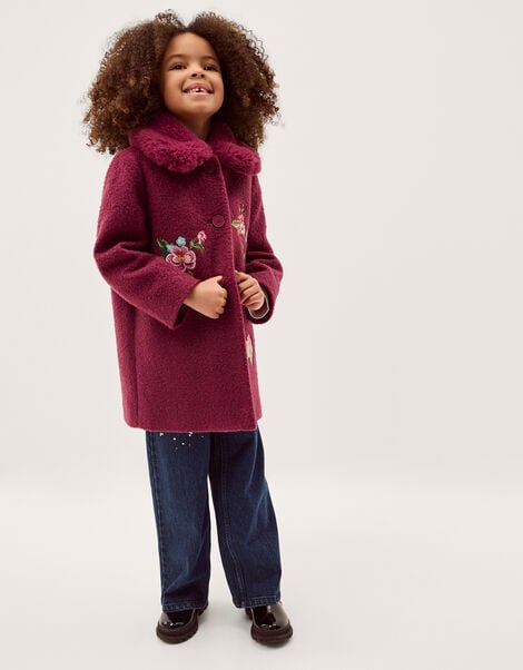 Floral Embroidered Boucle Coat, Red (BURGUNDY), large