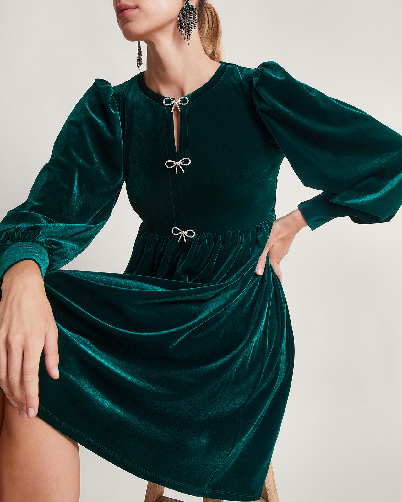 Evie Velvet Bow Dress Green Work Dresses Monsoon Global