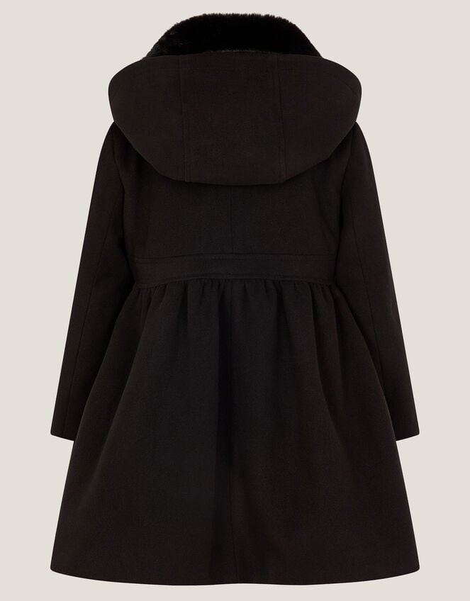 Faux Fur Collar Double-Breasted Coat, Black (BLACK), large