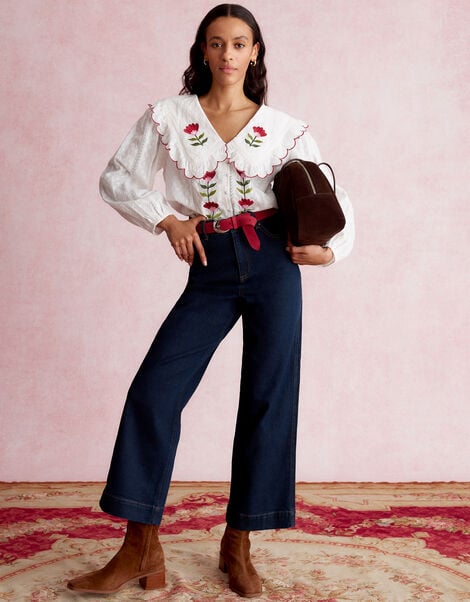 Talia Tulip Embroidered Scallop Collar Top, White (WHITE), large