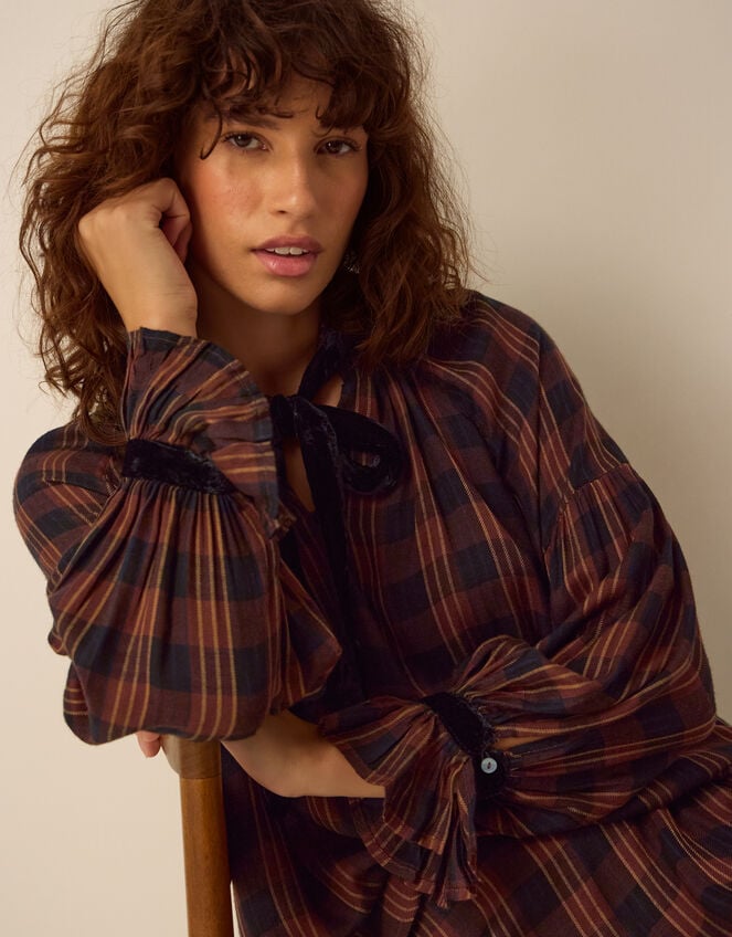 Elsa Check Print Blouson Blouse, Brown (BROWN), large
