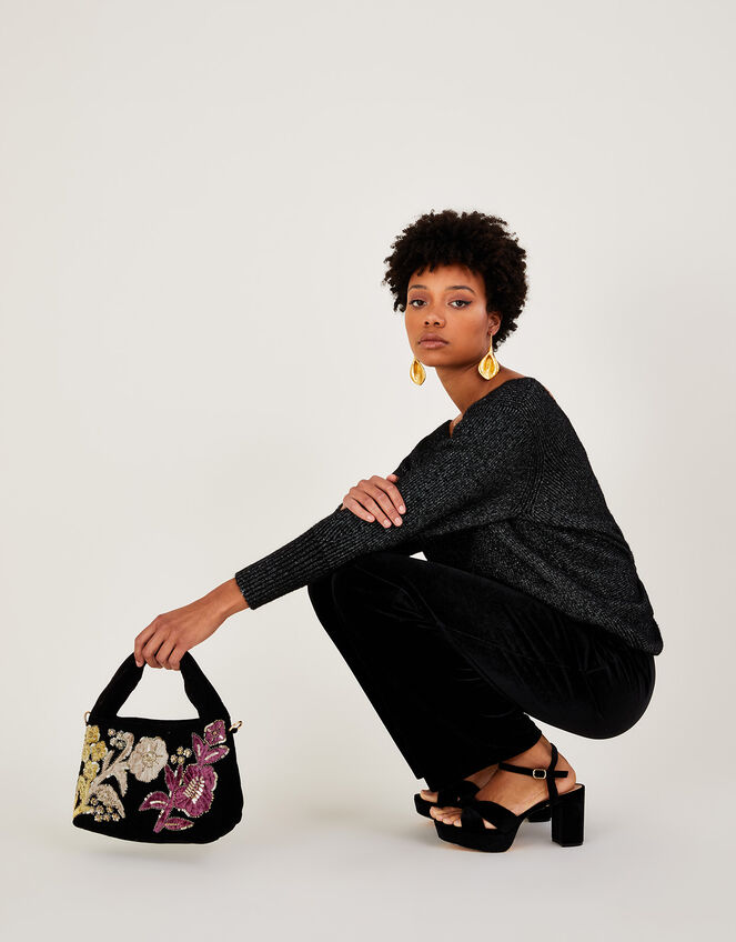 Velvet Embroidered Knot Cross-Body Shoulder Bag, , large