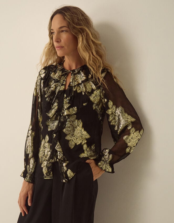 Rowena Floral Print Ruffle Blouse, Black (BLACK), large