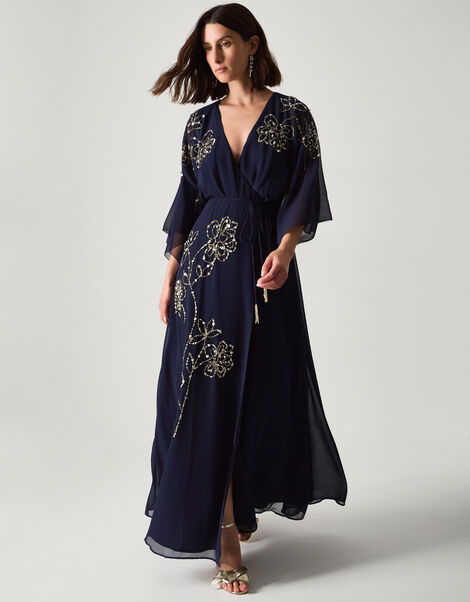 Skyla Floral Embellished Maxi Wrap Dress, Blue (NAVY), large