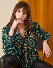 Rosetta Foil Print Pussybow Blouse, Green (GREEN), large