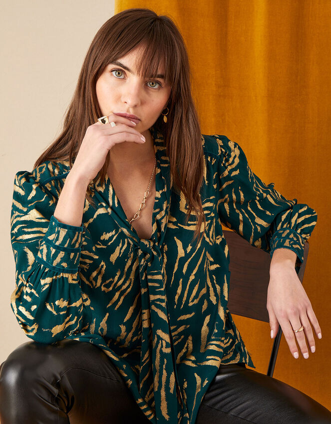 Rosetta Foil Print Pussybow Blouse, Green (GREEN), large