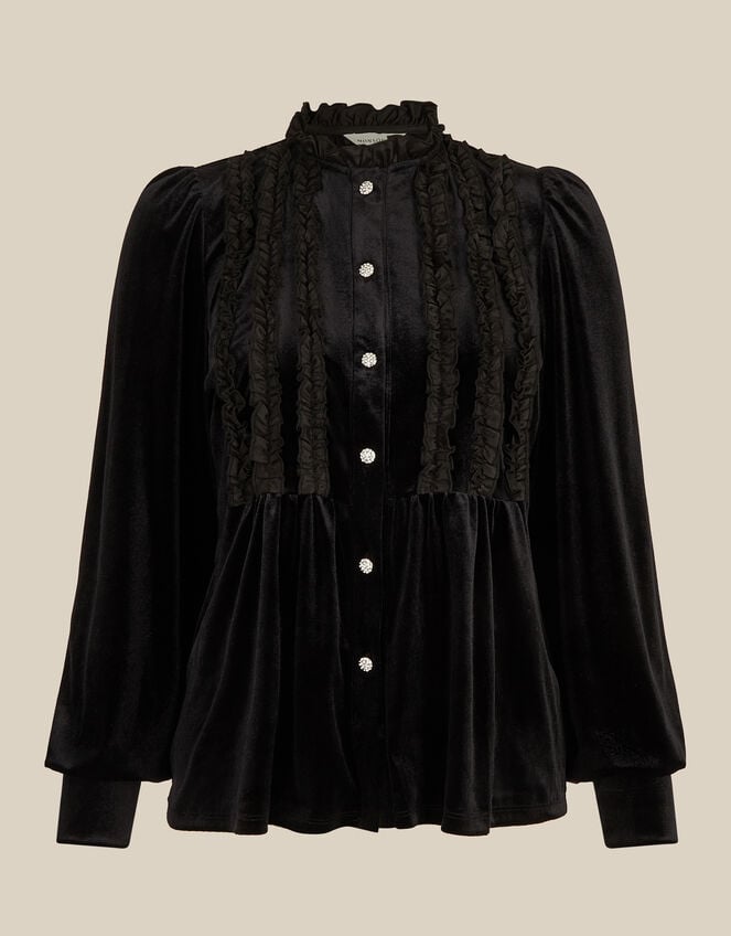 Ruby Long Sleeve Ruffle Velvet Top, Black (BLACK), large