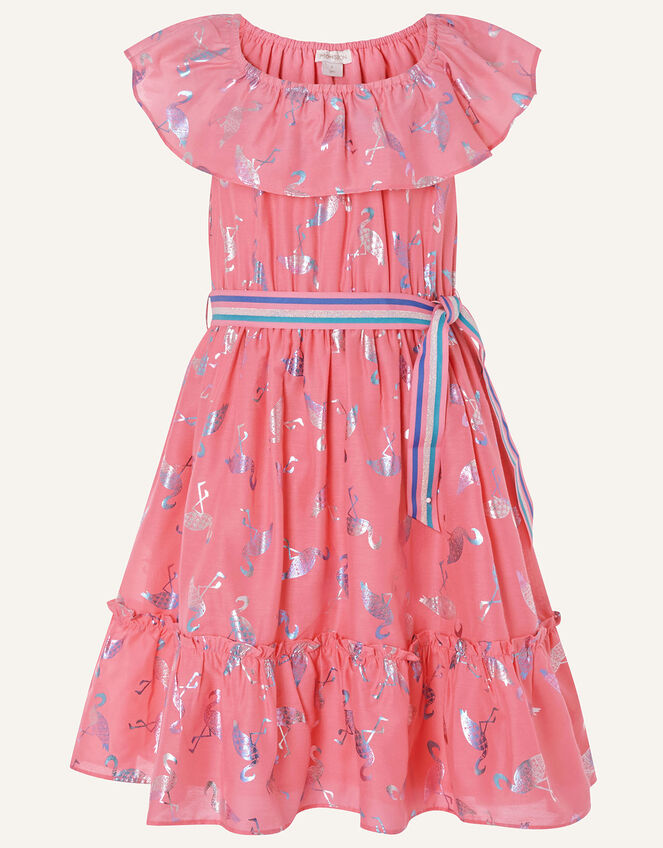 Flamingo Foil Frill Dress, Orange (CORAL), large