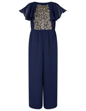 Bonita Cape Sleeve Sequin Jumpsuit, Blue (NAVY), large