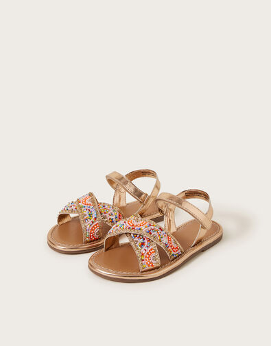 Beaded Metallic Crossover Strap Sandals, Multi (MULTI), large
