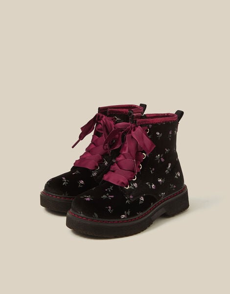 Floral Velvet Lace-Up Boots, Black (BLACK), large