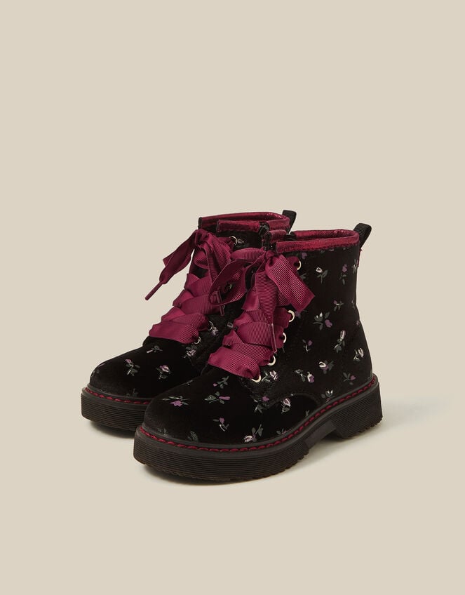 Floral Velvet Lace-Up Boots, Black (BLACK), large