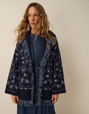 Payton Paisley Fringe Cardigan, Blue (NAVY), large