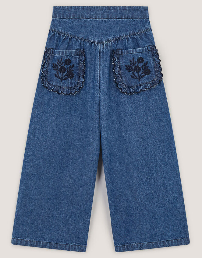 Embroidered Pocket Chambray Trousers, Blue (BLUE), large