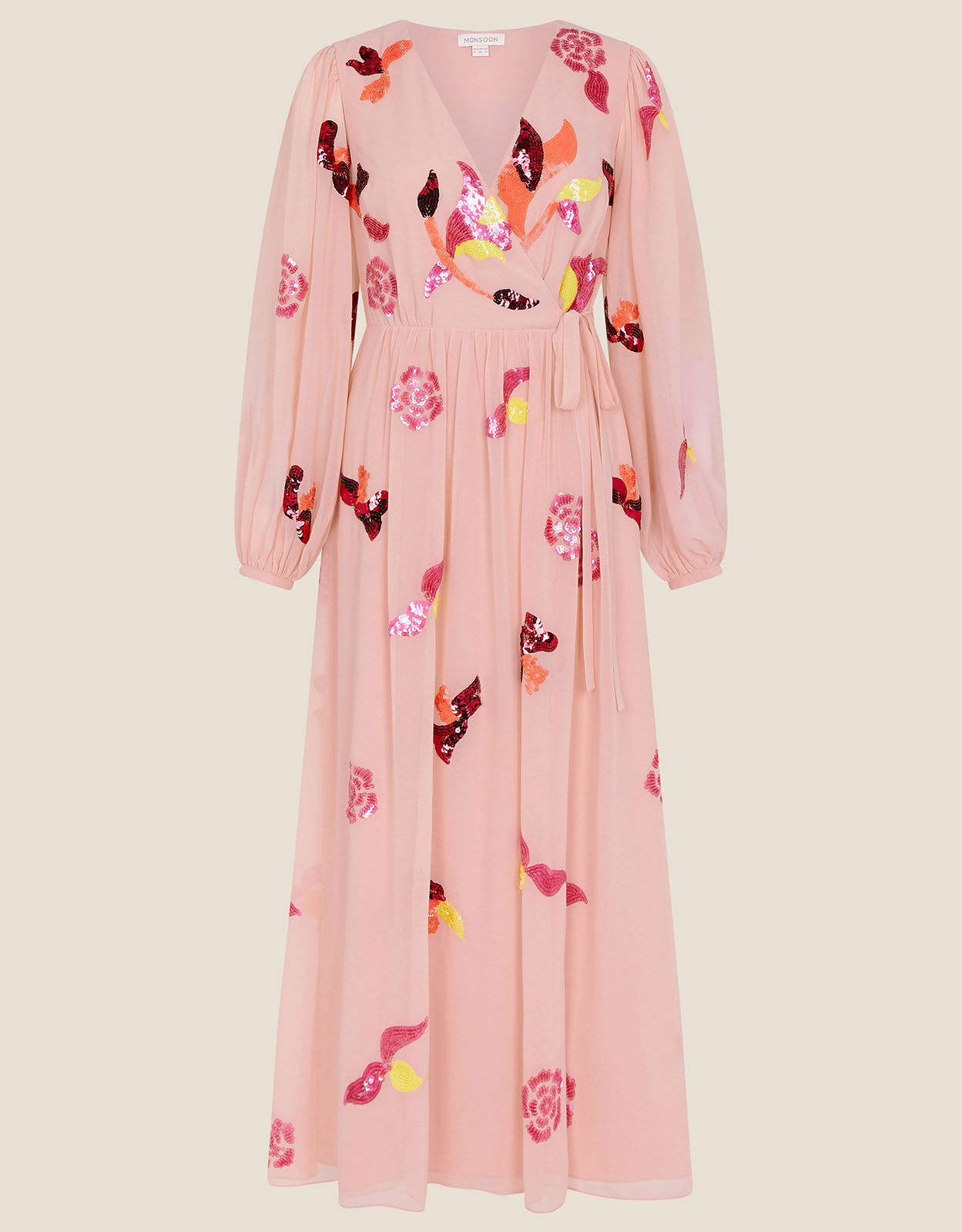 Jenny Embellished Wrap Dress in Recycled Polyester Nude Evening Dresses Monsoon Global