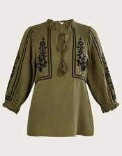 Embellished Double Faced Smock Top, Green (KHAKI), large