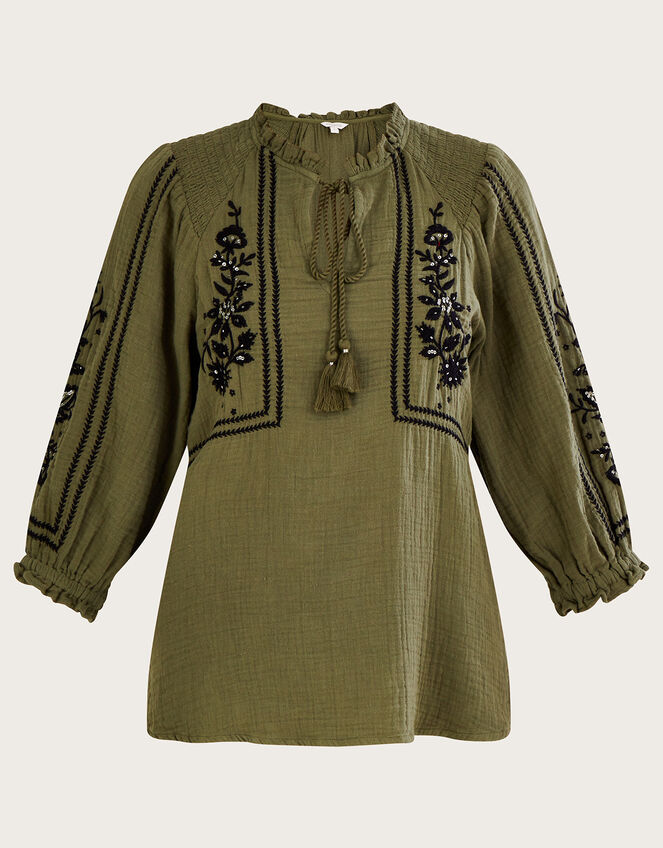 Embellished Double Faced Smock Top, Green (KHAKI), large