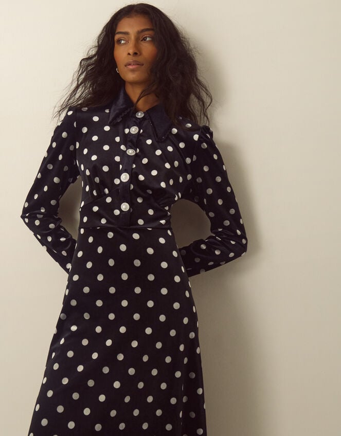 Shay Polka Dot Velvet Midi Dress, Black (BLACK), large