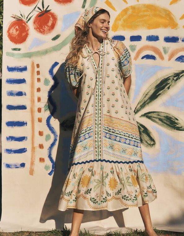 Monsoon x Charlie Taylor Printed Puff Sleeve Midi Dress, Ivory (IVORY), large