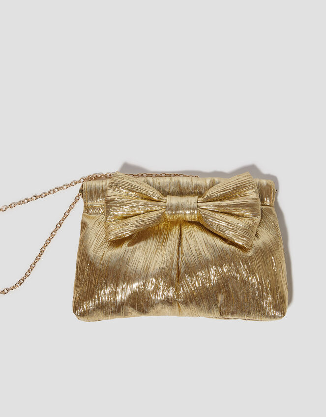 Mila Metallic Plisse Bow Bag, Gold (GOLD), large