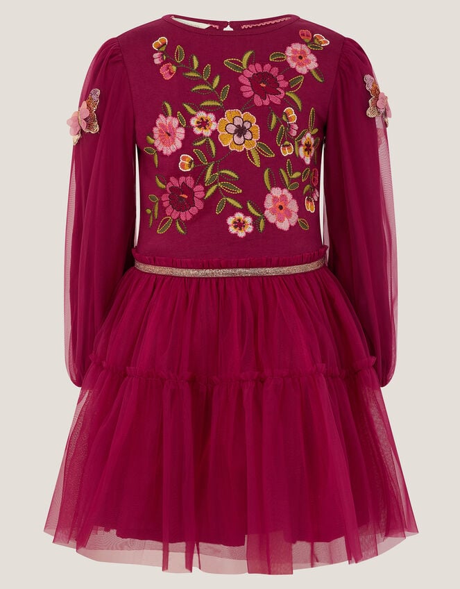 Floral Embroidered Butterfly Disco Dress, Red (BURGUNDY), large