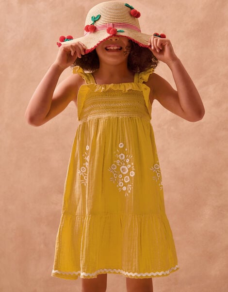 Floral Embroidered Frill Dress, Yellow (YELLOW), large