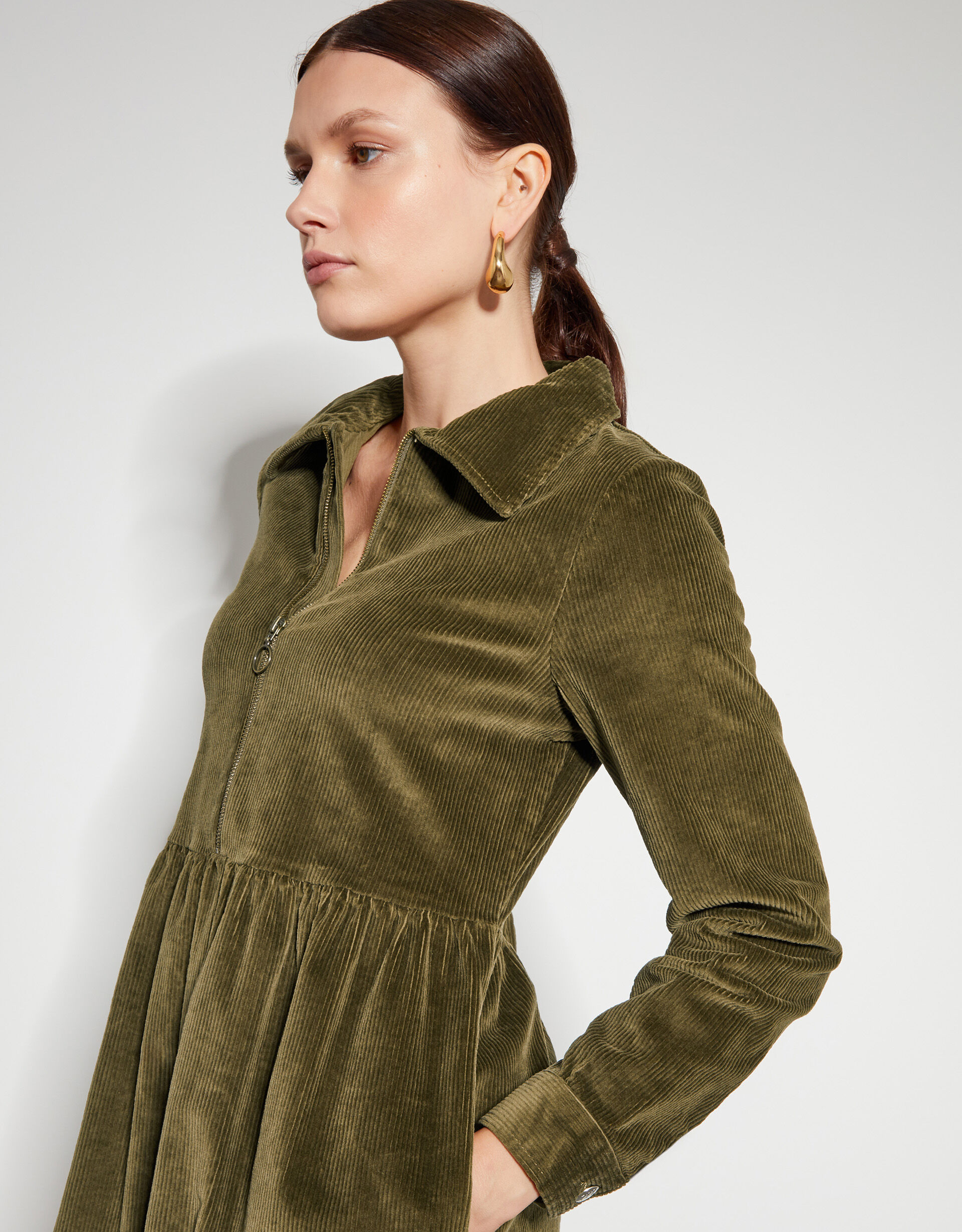 Alana Cord Zip Midi Dress Green