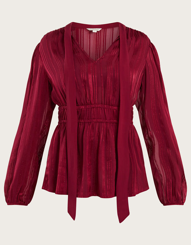Lily Metallic Pussybow Blouse , Red (BURGUNDY), large