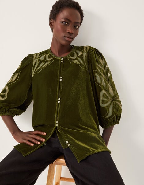 Ezra Embroidered Velvet Top, Green (GREEN), large