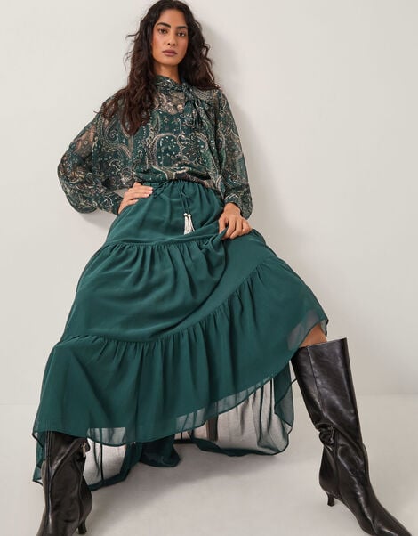 Holly Tiered Chiffon Maxi Skirt, Teal (TEAL), large