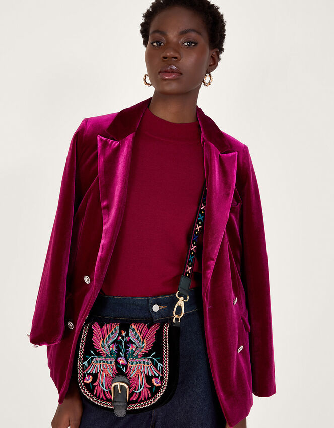 Bird Embroidered Velvet Bag Black