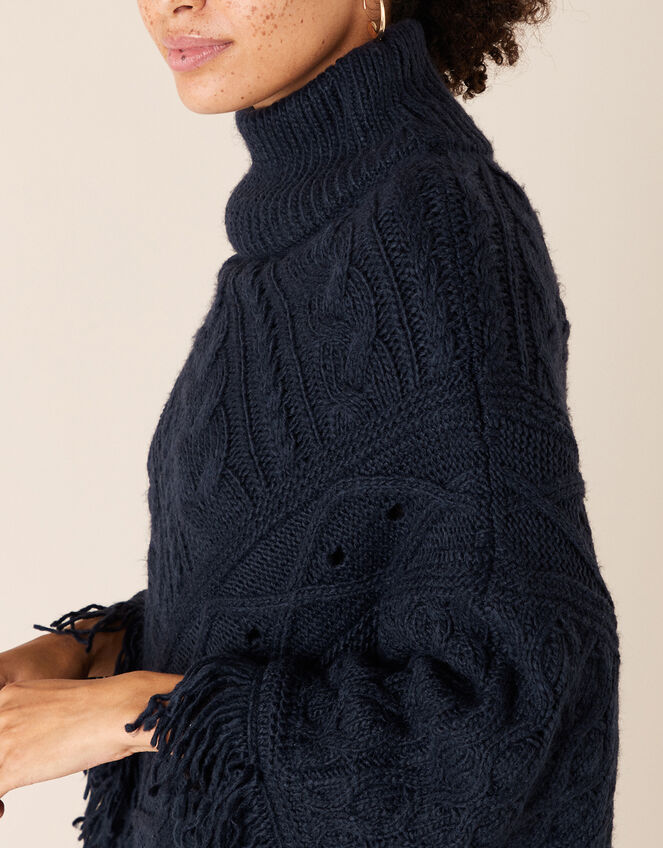 Fringe Trim Chunky Knit Poncho, , large