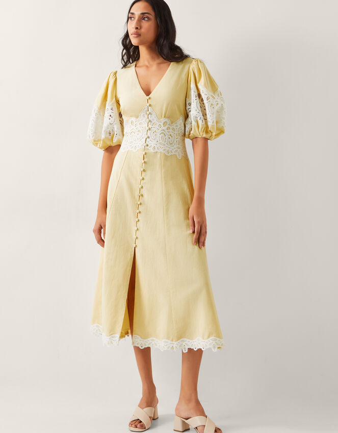 Nancy Applique Puff-Sleeve Midi Dress, Yellow (YELLOW), large