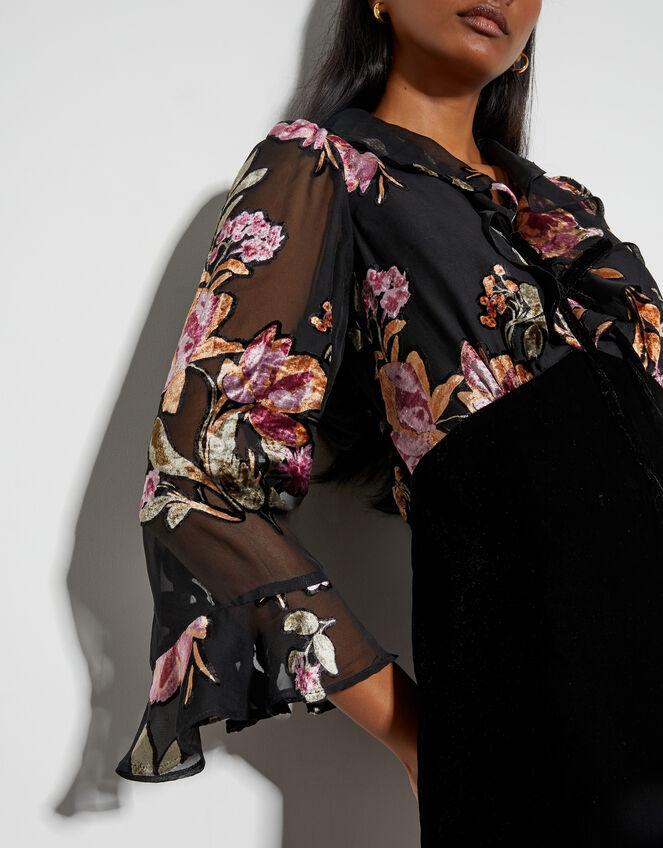 Ariella Floral Devore Velvet Midi Dress, Black (BLACK), large