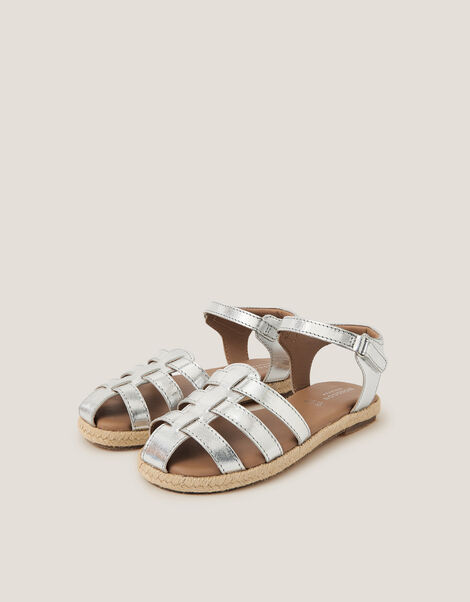 Metallic Leather Fisherman Sandals, Silver (SILVER), large