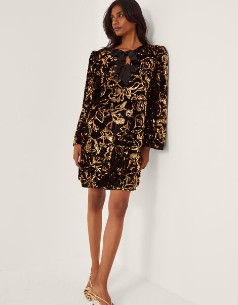 Shola Bow Sequin Mini Tunic Dress, Black (BLACK), large