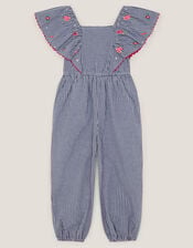 Floral Embroidered Gingham Jumpsuit, Blue (NAVY), large