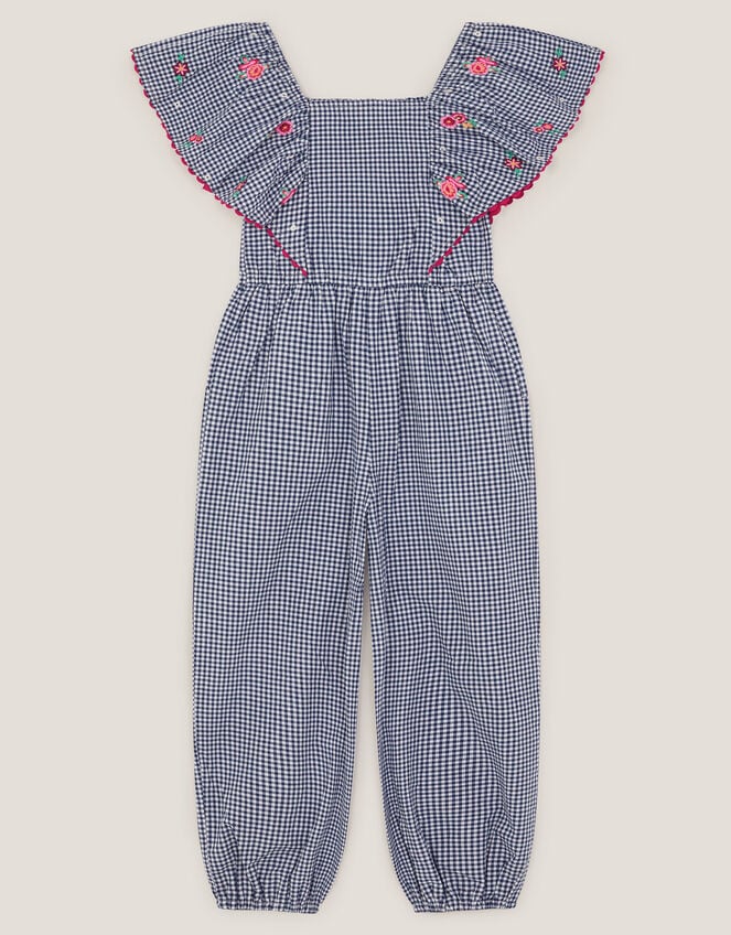 Floral Embroidered Gingham Jumpsuit, Blue (NAVY), large