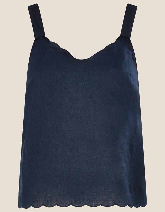 Scallop Plain Cami Top in Linen Blend, Blue (NAVY), large