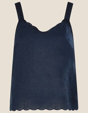 Scallop Plain Cami Top in Linen Blend, Blue (NAVY), large