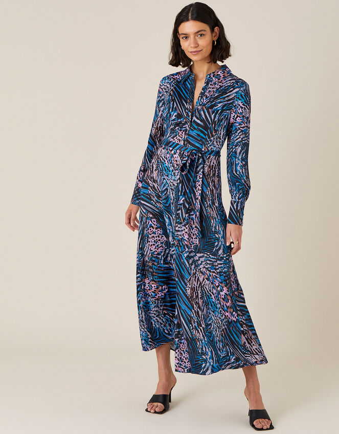 Zelda Animal Print Shirt Dress, Blue (BLUE), large