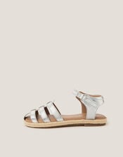 Metallic Leather Fisherman Sandals, Silver (SILVER), large