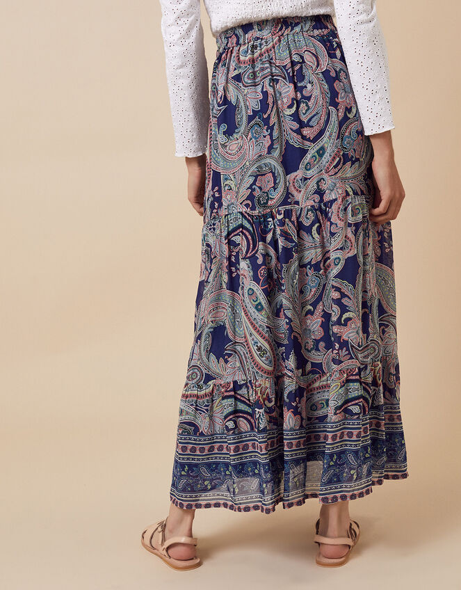 Paisley Print Tiered Midi Skirt, Blue (BLUE), large