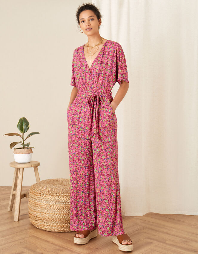 Printed Jersey Wide Leg Jumpsuit, Pink (PINK), large