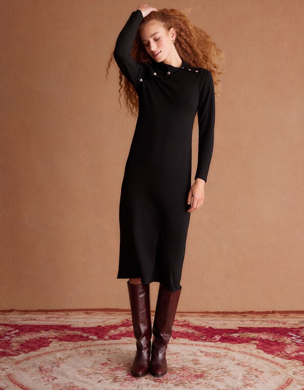 Cate Button Collar Midi Sweater Dress, Black (BLACK), large