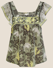 Heritage Print Square Neck Embroidered Sleeveless Top, Green (KHAKI), large
